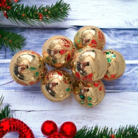 Commodore Christmas Classics Ornaments x 7 Glass Ball Hand Decorated Poinsettia. - Picture 1 of 16